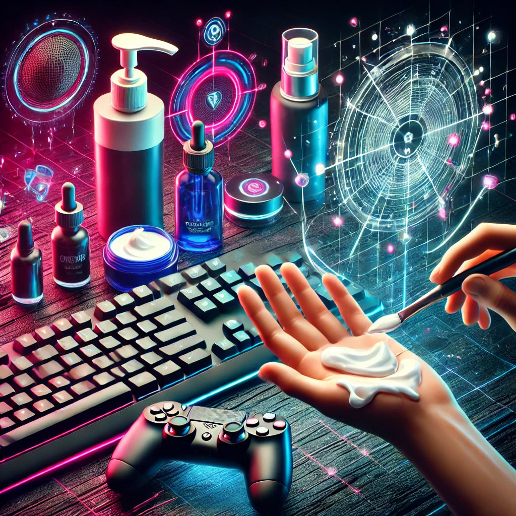 Skincare for gamers image featuring a sleek gaming setup with neon-lit keyboard, mouse, and controller, alongside abstract skincare elements like lotion drops and cream swirls, symbolizing hand care for intense eSports sessions.
