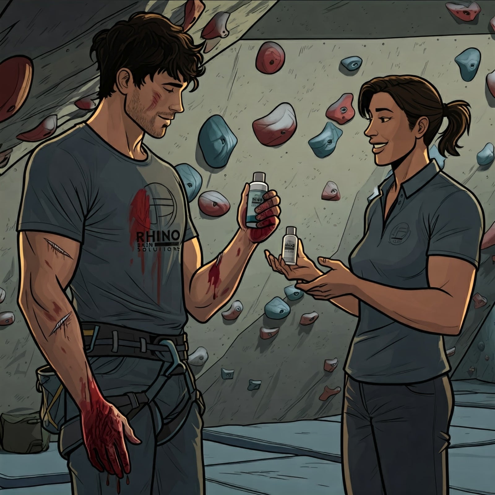 A little extreme but a first time rock climber has to contend with sore and worn skin on the hands. Using Rhino Skin Solutions is the best skin care product for rock climbers and athletes.