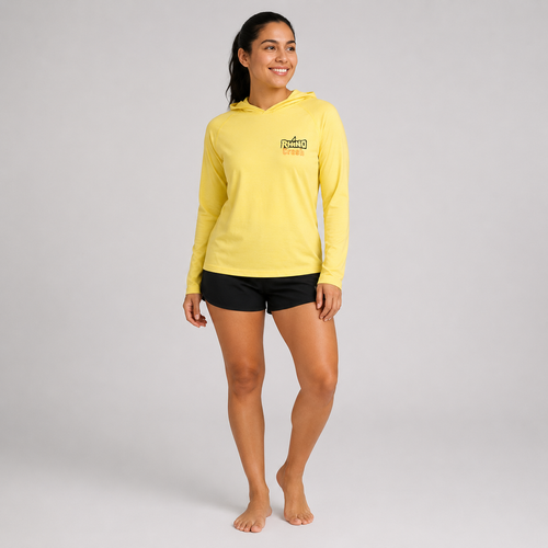 Rhino bamboo sun hoodie on a female model, front view.