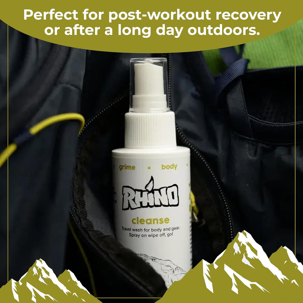 Rhino Skin Cleanse – natural formula body wash for post-workout and post-climb recovery
Rhino Cleanse skin wash – crafted for athletes needing clean, healthy skin after intense activity
