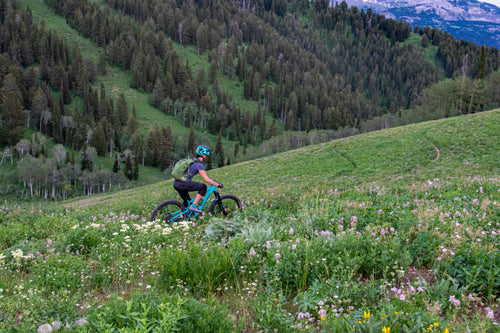 Mountain biker crossing a meadow — Rhino skin care for MTB riders.