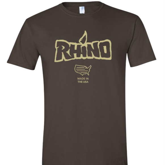 Brown t-shirt with 'Rhino Made in the USA' logo on a white background