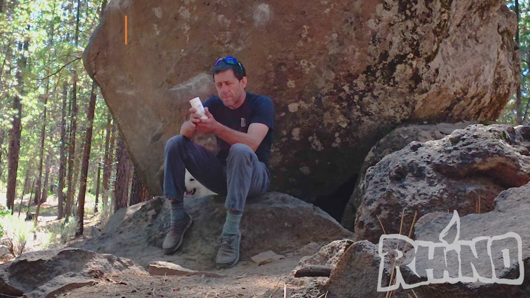 “Rhino Skin Solutions Split Balm video — healing balm for split fingers, calluses, and damaged skin from climbing, skiing, mountain biking, and outdoor adventure sports, Made in USA with earth-grown ingredients.
