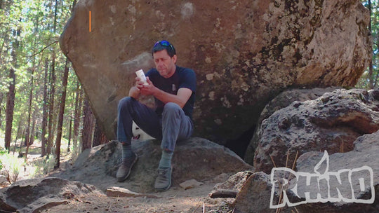 “Rhino Skin Solutions Split Balm video — healing balm for split fingers, calluses, and damaged skin from climbing, skiing, mountain biking, and outdoor adventure sports, Made in USA with earth-grown ingredients.