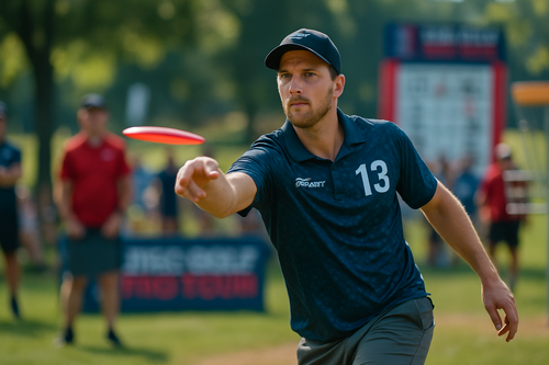 Professional disc golf player lining up a putt during DGPT competition, hands cared for with Rhino Skin Solutions skin repair cream.