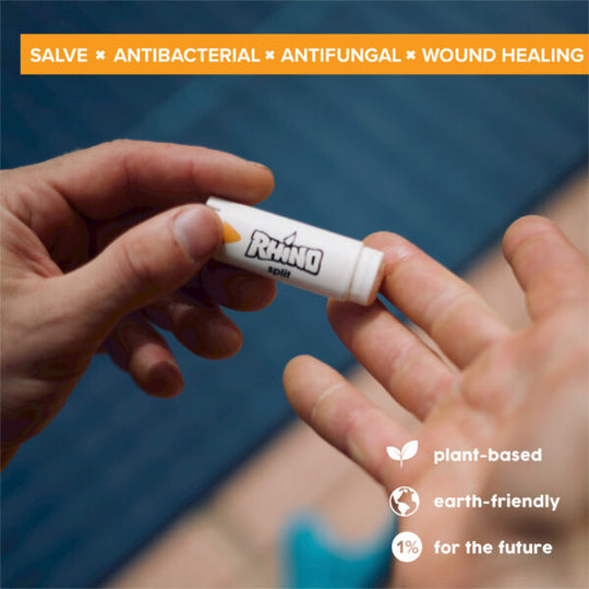 Athlete-grade Split Balm – Rhino’s blend of tea tree oil, calendula, and arnica for skin splits