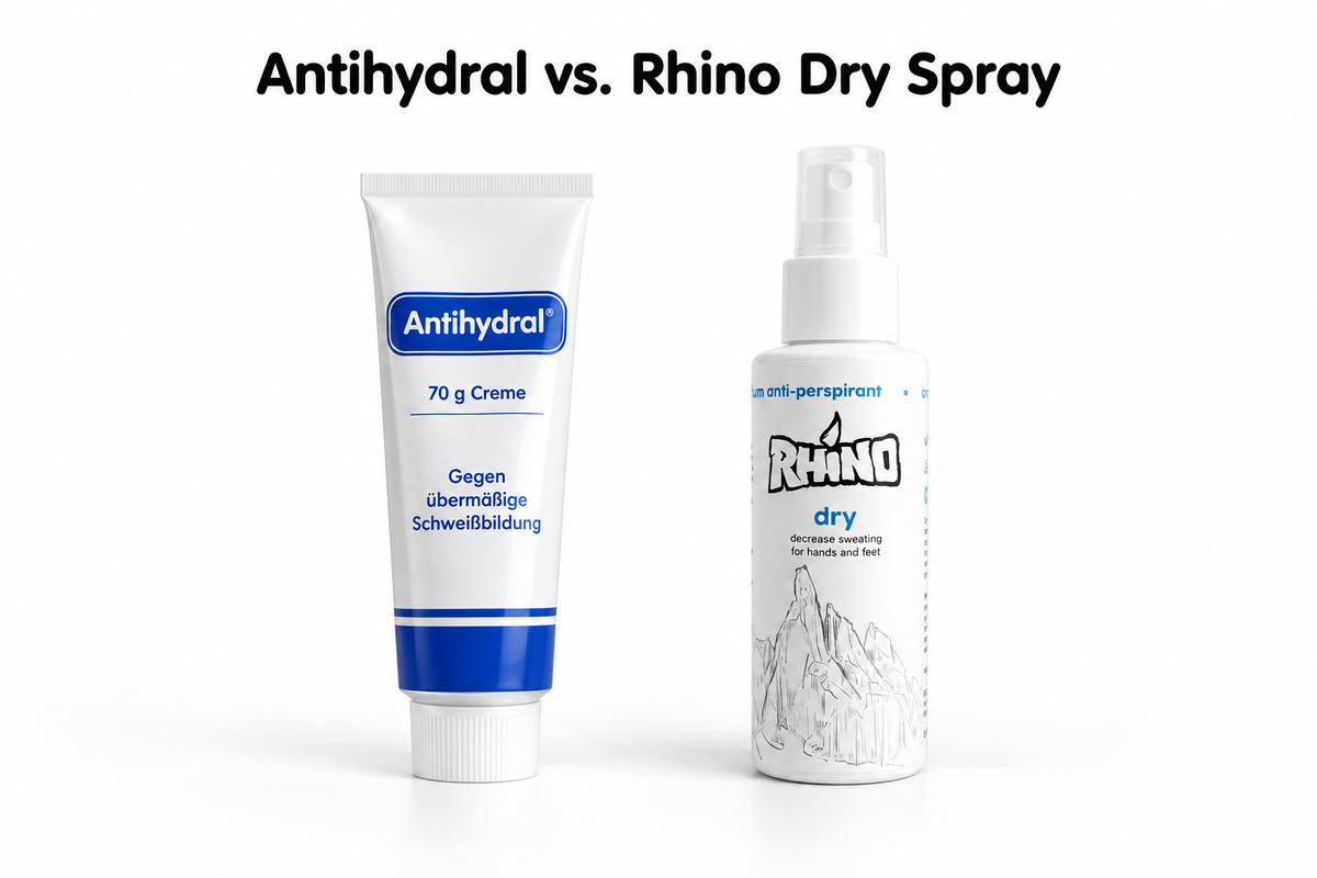 Antihydral 70 g tube next to Rhino Dry Spray bottle — side-by-side comparison
