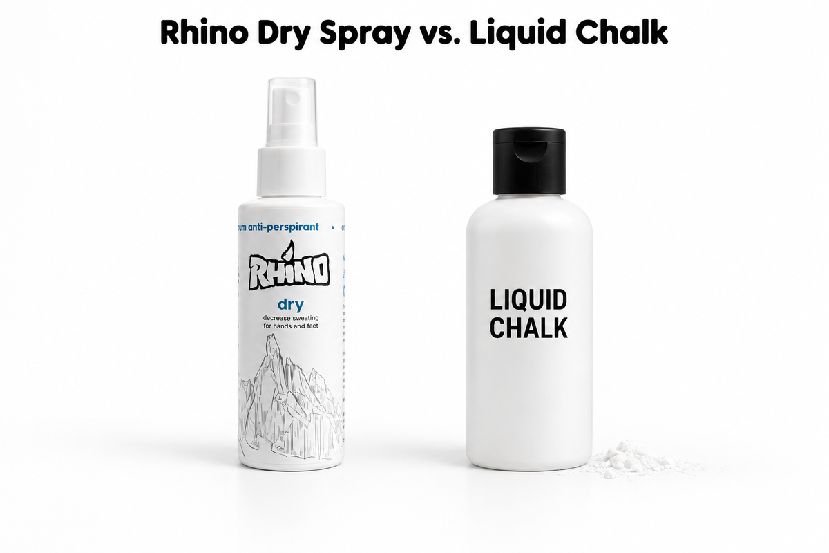 Rhino Dry Spray bottle next to a bottle of liquid chalk — side-by-side comparison