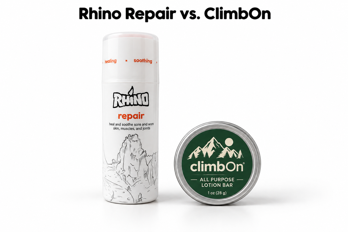 Rhino Repair bottle next to a ClimbOn lotion bar tin — side-by-side comparison