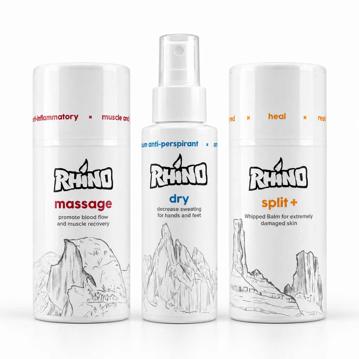 Rhino Foot Kit — Dry Spray, Split+, and Massage Cream for skin, muscles, and joints