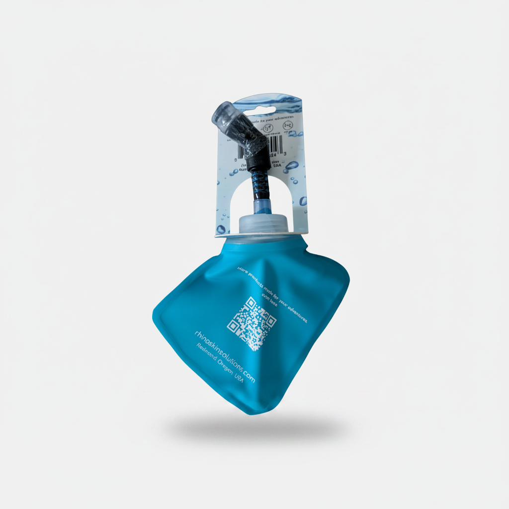 A teal blue collapsible water bottle pouch with a black and clear drinking tube attached, shown with its retail cardboard hanger on a plain white background.