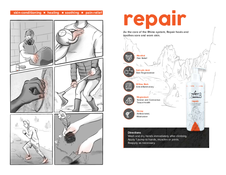  The graphic highlights Rhino Skin Solutions' "Repair" product, emphasizing its role in healing and soothing sore, worn skin after climbing. The left side of the image features a comic-style sequence of a climber using "Repair" after a tough session, applying it to hands, muscles, and joints. The right side lists key ingredients like menthol for pain relief, salicylic acid for skin regeneration, willow bark for anti-inflammatory effects, magnesium for tendon health, and honey for antibacterial moisturizing.