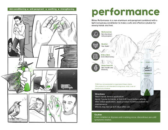 The graphic features Rhino Skin Solutions' "Performance" product, designed as a non-aluminum anti-perspirant and skin conditioner for sweaty hands and feet. The left side shows a comic-style sequence of a person applying the product before an outdoor activity, illustrating its ease of use and effectiveness. The right side lists key ingredients, including Methenamine for anti-perspirant action, menthol for pain relief, willow bark for anti-inflammatory effects, and grape seed oil for skin health. Directions 