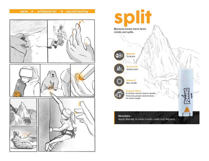  The graphic highlights Rhino Skin Solutions' "Split" product, a beeswax-based salve designed to heal cracks and splits in the skin. The left side features a comic-style sequence showing a climber using the salve on finger cracks, emphasizing its application during and after climbing. The right side lists key ingredients: beeswax for occlusion, tea tree oil for its antibacterial properties, vitamin E for skin health, and dragon's blood for promoting wound healing. Directions for use are also provided, advis