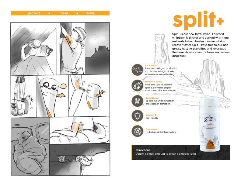 The graphic showcases Rhino Skin Solutions' "Split+" product, an enhanced formula designed to protect, heal, and provide relief for damaged skin. The left side features a comic-style sequence of a climber applying "Split+" to treat skin splits, emphasizing its thick, nutrient-rich consistency. The right side lists key ingredients: L-carnosine for collagen production, dragon's blood for wound closure, beta glucan for skin regeneration, vitamin E for skin health, and calendula for hydration and anti-inflammat