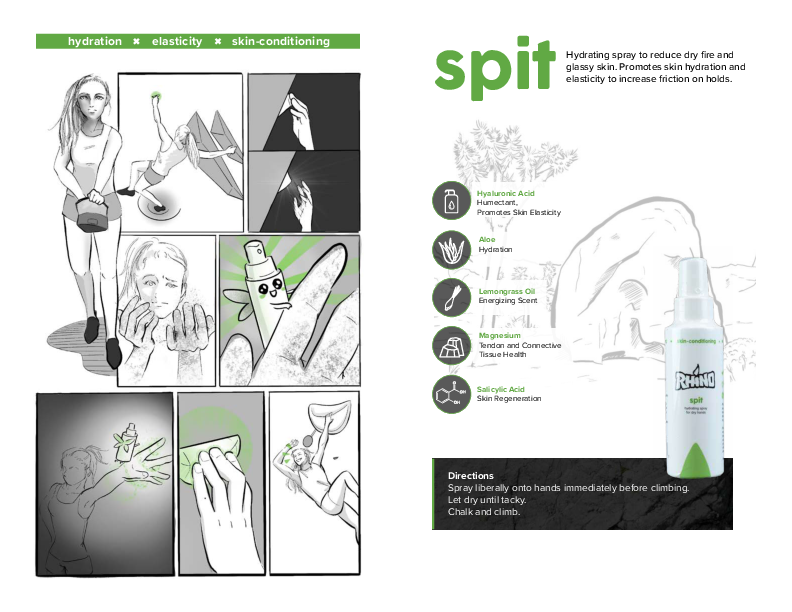 The graphic presents Rhino Skin Solutions' "Spit" product, a hydrating spray designed to reduce dry, glassy skin and improve grip on climbing holds. The left side includes a comic-style sequence of a climber applying "Spit" before climbing, highlighting its benefits for hydration and skin elasticity. The right side lists key ingredients: hyaluronic acid for moisture retention, aloe for hydration, lemongrass oil for scent, magnesium for tendon health, and salicylic acid for skin regeneration. Directions reco