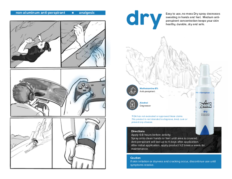  The graphic introduces Rhino Skin Solutions' "Dry" product, a non-aluminum anti-perspirant spray designed to reduce sweating in hands and feet. The left side includes a comic-style sequence showing various activities like climbing, gaming, and skiing, where sweaty hands can be an issue, highlighting the product's versatility. The right side lists key ingredients: methenamine (8%) as the anti-perspirant and alcohol as a degreaser. Directions suggest applying the spray 6-8 hours before activity. Cautionary a