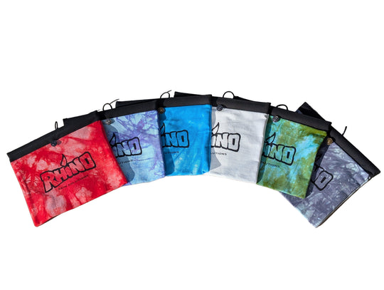 Colorful hand made bags with a brand logo 