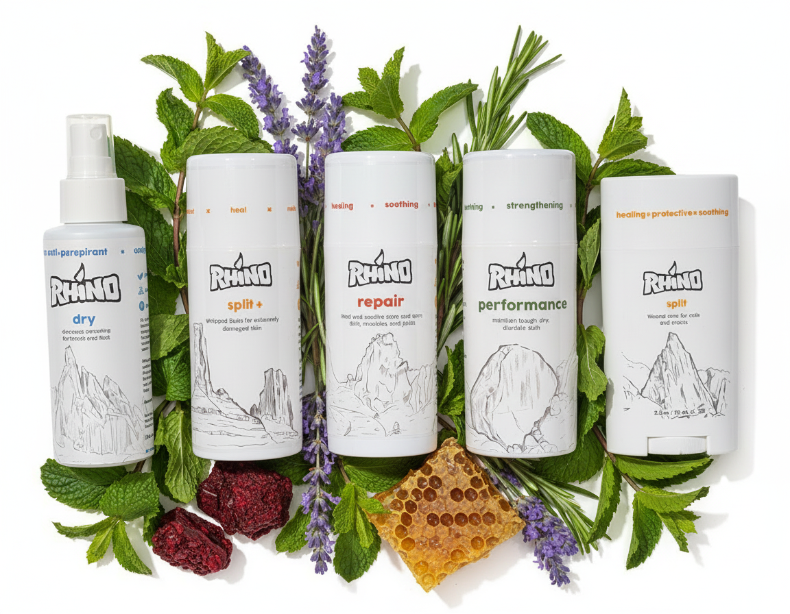 Five Rhino care product bottles surrounded by herbs and natural elements on a white background