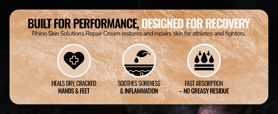 Rhino Skin Solutions Repair Cream benefits: heals cracked skin, reduces inflammation, fast-absorbing non-greasy formula – ideal for athletes.
