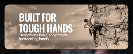 Female climber scaling a steep rock wall – Rhino Repair Cream supports tough hands with deep healing and protection for high-impact sports.
