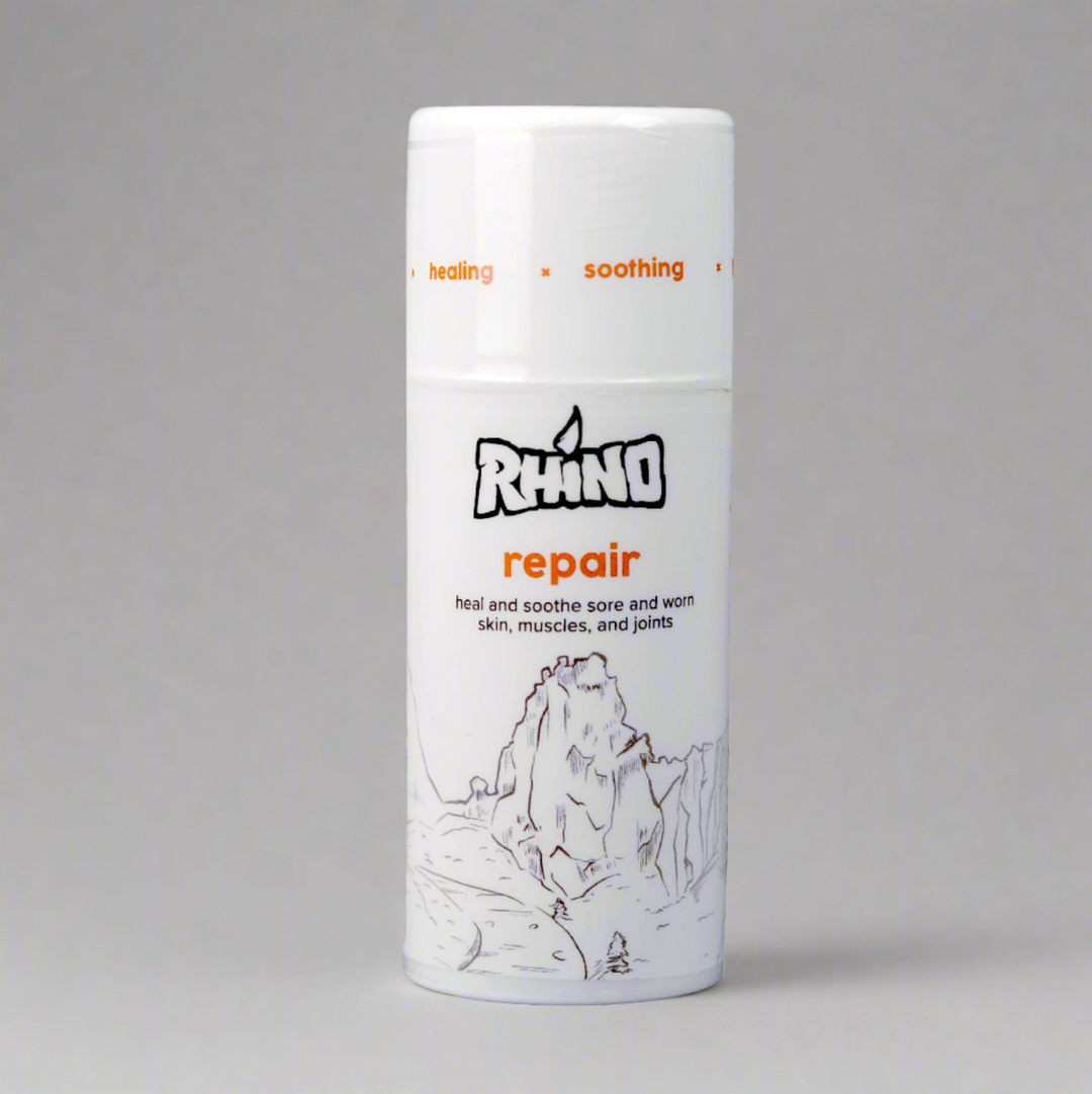 3.4 oz bottle of rhino repair cream with sketch of smith rock