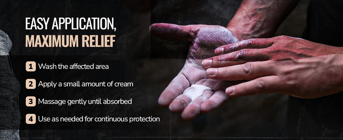 Applying Rhino Skin Solutions Repair Cream to hands with chalk and calluses – fast relief and skin recovery for climbers and athletes.