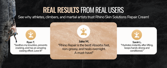 Real user reviews of Rhino Skin Solutions Repair Cream – trusted by climbers, fighters, and weightlifters for fast, effective hand care