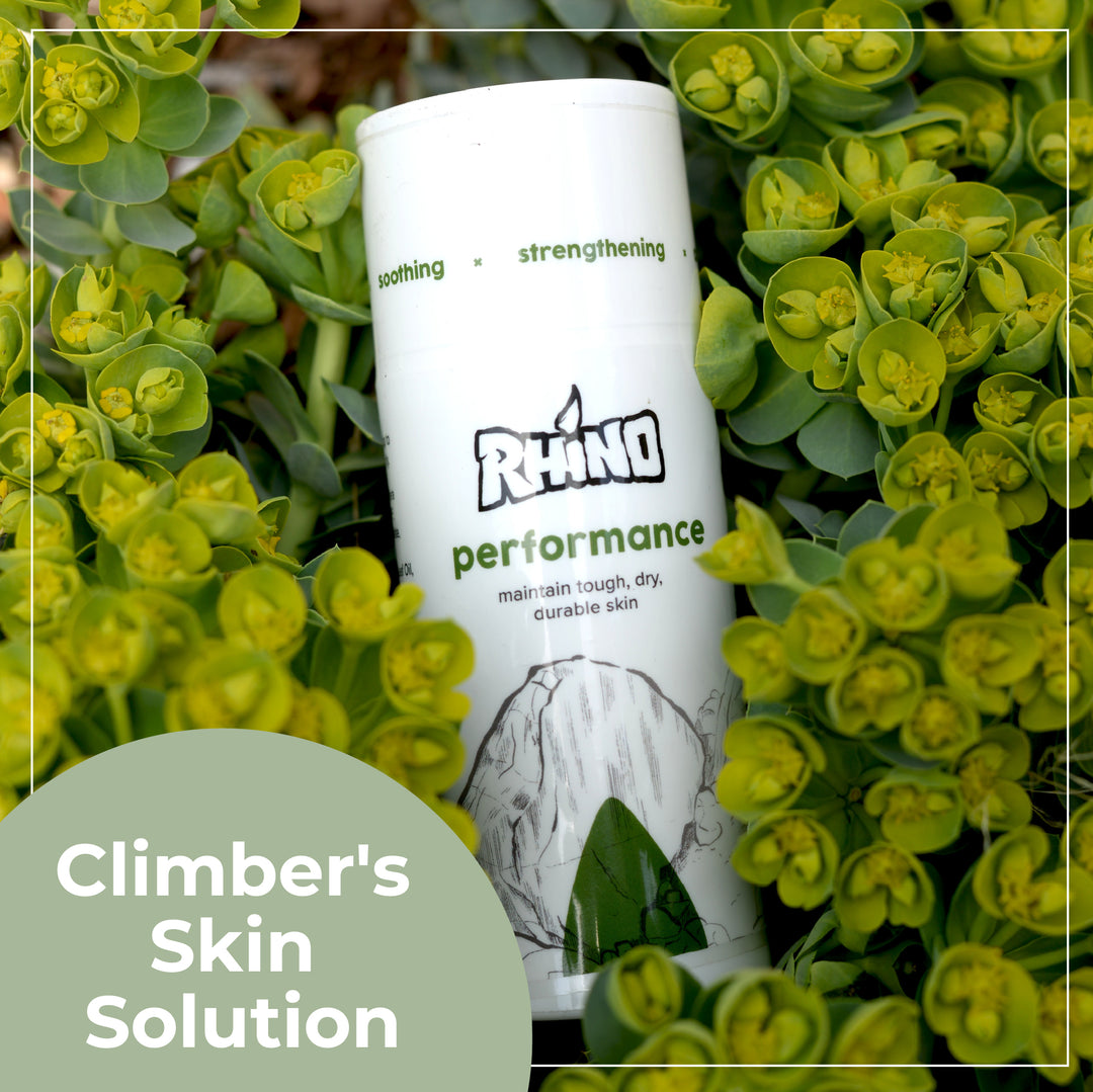 Infographic highlighting Rhino Skin Solutions Performance balm’s benefits for climbers and athletes: non-aluminum antiperspirant, tissue support, pain relief, and anti-inflammatory properties with earth-grown ingredients.