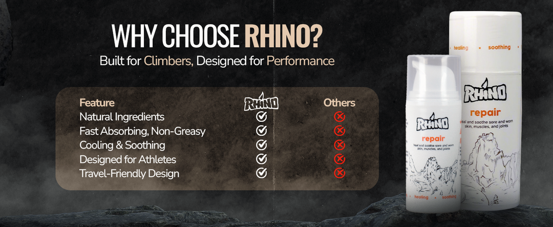 Rhino Repair Cream vs competitors comparison – natural ingredients, fast absorption, soothing formula for climbers and performance athletes.