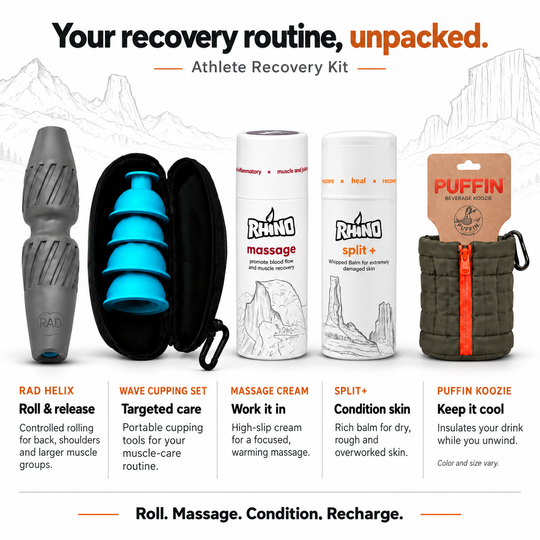 Rhino Athlete Recovery Kit featuring a RAD Helix roller, Wave cupping set, Massage Cream, Split+ balm, and Puffin drink koozie, with descriptions of each product’s role in muscle recovery and skin care.