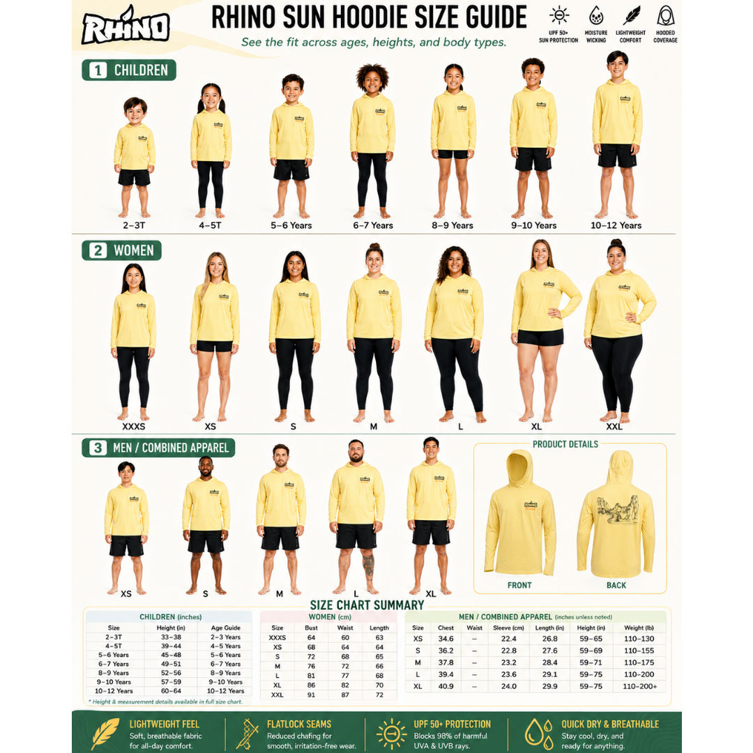 Rhino Sun Hoodie size guide with models wearing yellow hoodies and measurements.