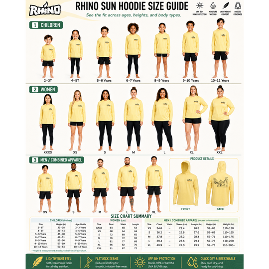 Rhino Sun Hoodie size guide with models wearing yellow hoodies and measurements.