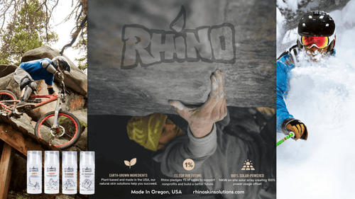 Collage of a person on a bike, a close-up of 'Rhino' branding, and a person skiing with snow around.