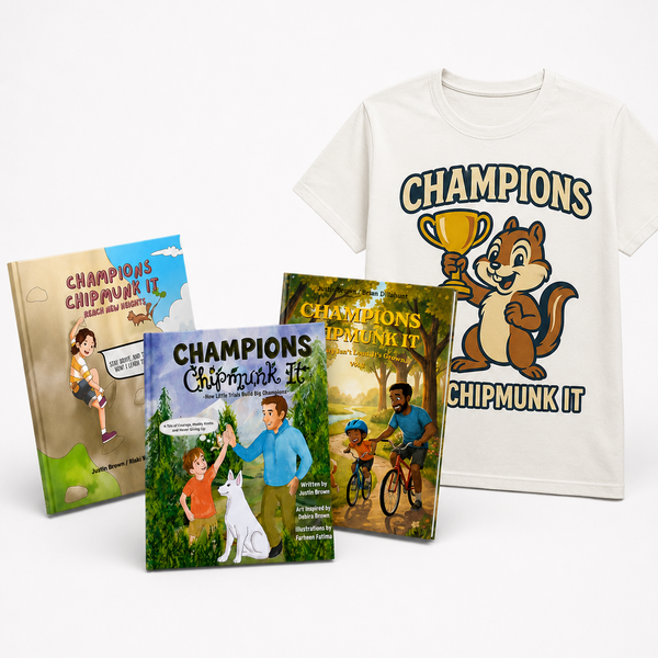 T-shirt and books with 'Champions Chipmunk It' design on a white background