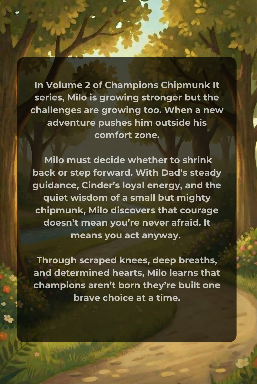 Book cover of 'Champions Chipmunk It' with two children on bikes and a dog in a forest setting.
