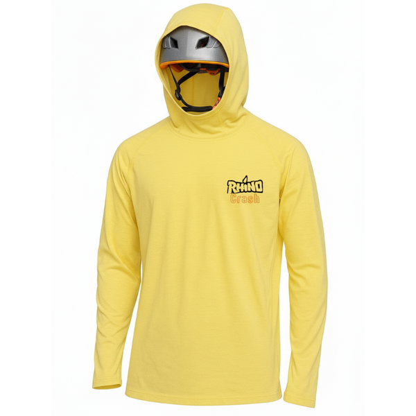 Yellow hoodie with a helmet inside on a white background