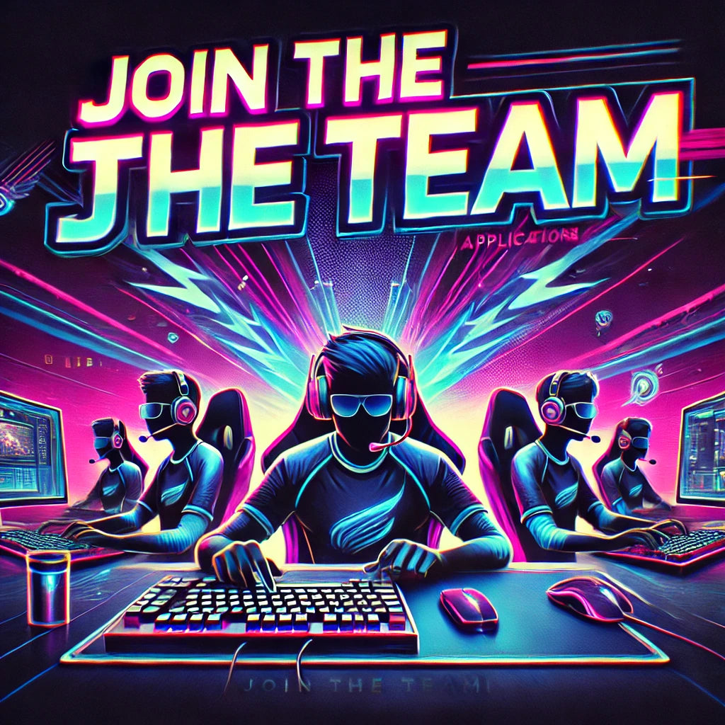 Dynamic eSports team recruitment banner highlighting competitive gaming setup with glowing screens, gaming peripherals, and players wearing headphones. Features bold 'Join the Team!' text in neon colors, optimized for attracting gamers and showcasing high-tech performance gear.
