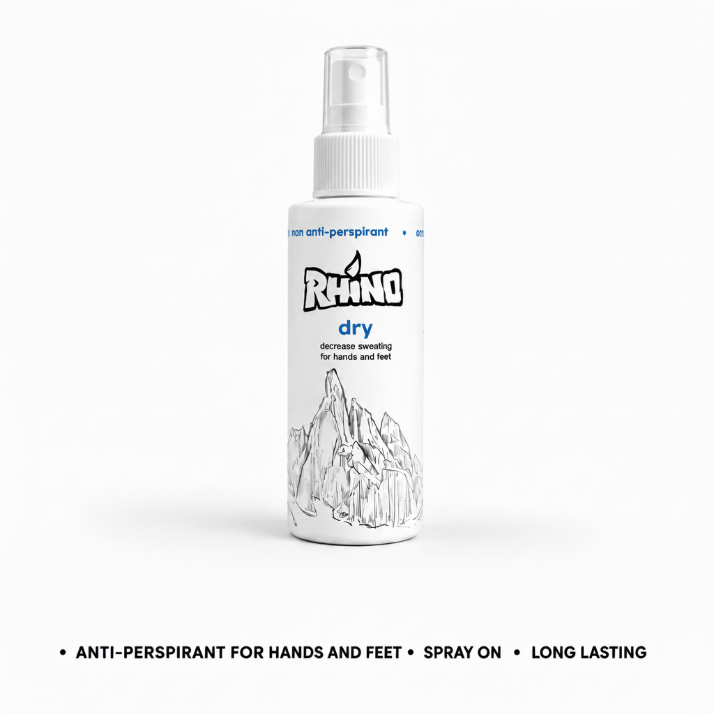 A white spray bottle of Rhino Dry anti-perspirant for hands and feet, shown on a clean white background with blue text below.