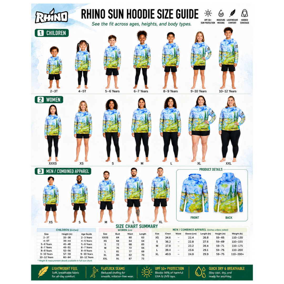 Rhino Sun Hoodie size guide with various models wearing the hoodie.