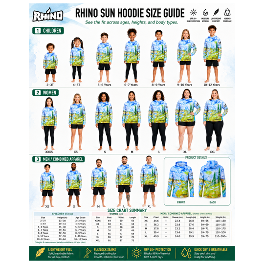 Rhino Sun Hoodie size guide with various models wearing the hoodie.