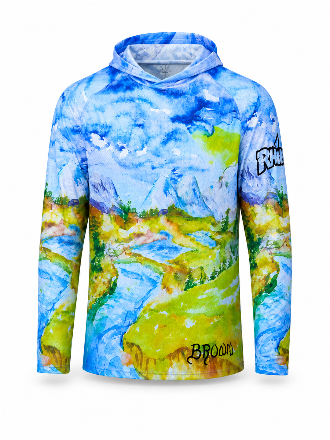 Hoodie with nature-themed design on a white background