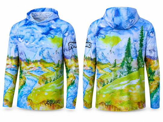Hoodie with nature-themed design on a white background