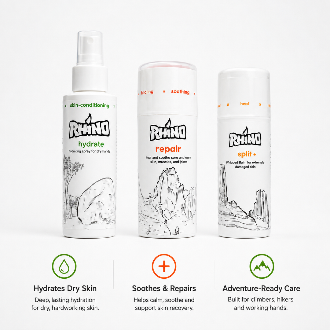 Three Rhino brand skincare bottles on a white background with descriptive text below each: hydrate skin-conditioning spray, repair soothing balm, and split+ wound care cream.