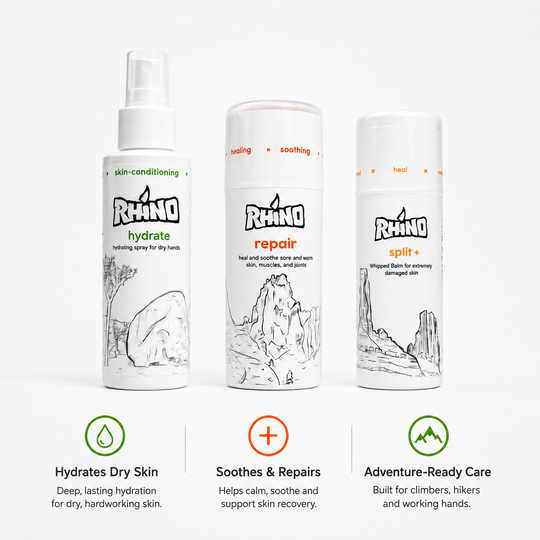 Three Rhino brand skincare bottles on a white background with descriptive text below each: hydrate skin-conditioning spray, repair soothing balm, and split+ wound care cream.