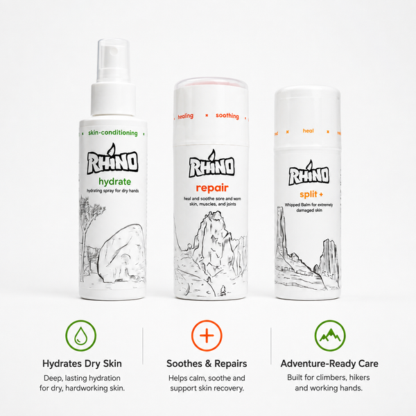 Three Rhino brand skincare bottles on a white background with descriptive text below each: hydrate skin-conditioning spray, repair soothing balm, and split+ wound care cream.