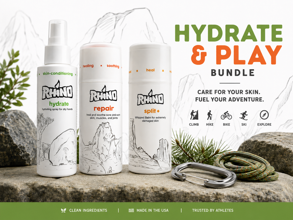 Three Rhino brand care bottles displayed on a rock with outdoor props, alongside large text reading 'HYDRATE & PLAY BUNDLE' and mountain graphics in the background.