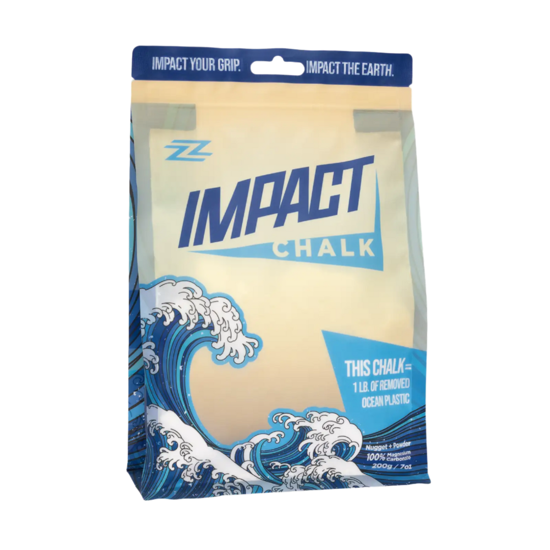 ZIGZAG Impact Chalk in a resealable pouch for rock climbers and boulderers. This high-performance chalk offers superior grip and moisture absorption, Comparable to Friction Labs. 100% magnesium chalk is ideal for improving hand grip on holds, reducing sweat, and preventing slips. Packaged in a convenient resealable bag, ZIGZAG Impact Chalk is perfect for all climbing levels, from beginners to advanced climbers seeking maximum grip reliability.