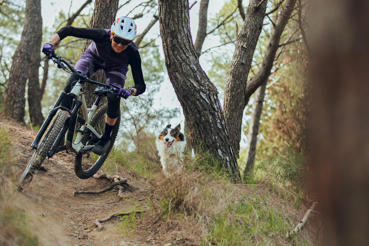 Mountain biker riding singletrack — Rhino skin care for MTB riders.