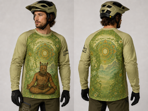 Man wearing a long-sleeve shirt with a nature-themed design, front and back views, on a plain background.